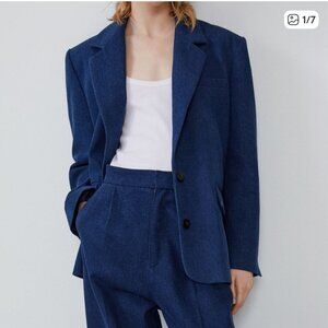 Zara Dark Blue Denim Jean Blazer Cotton Jacket Bloggers Favorite Oversized S